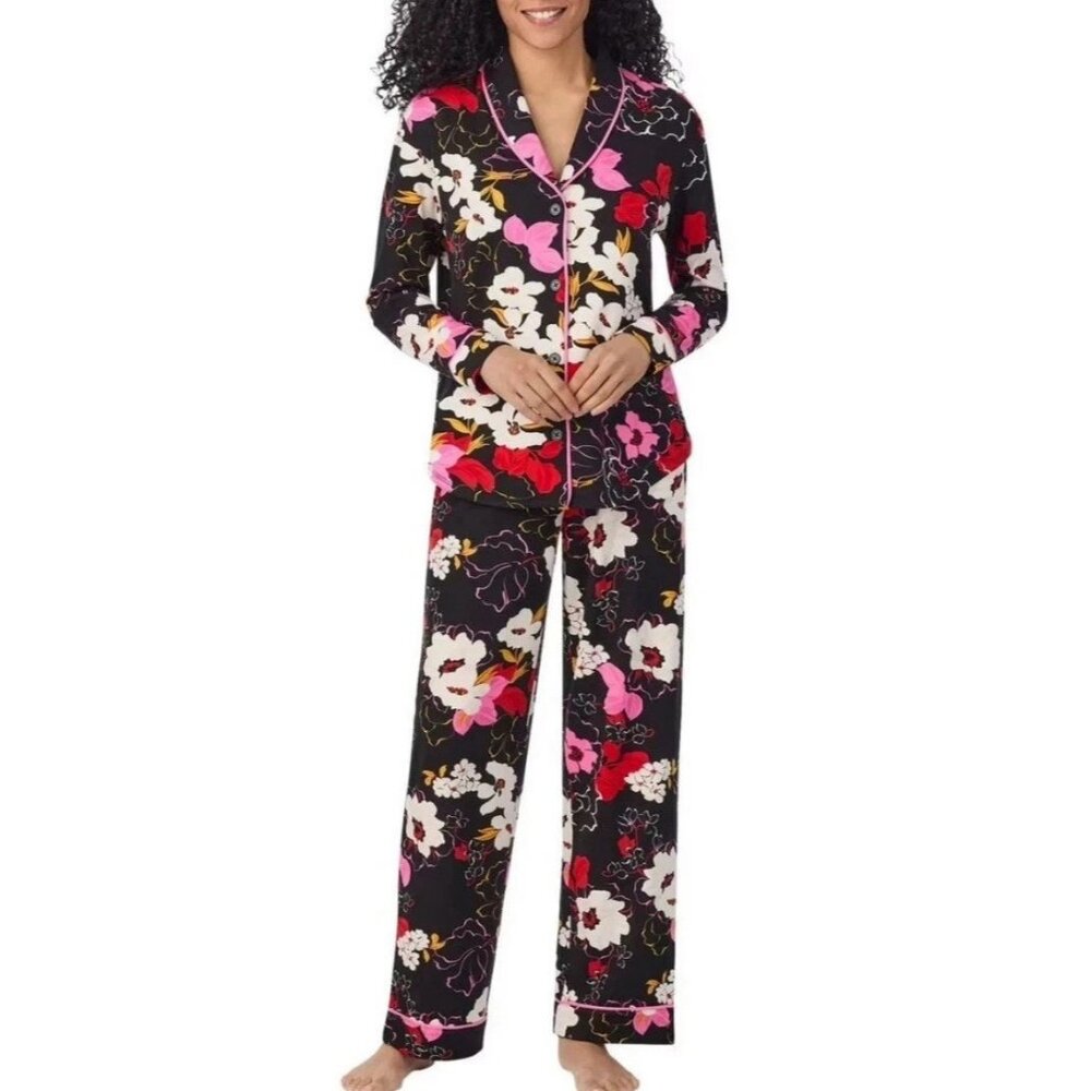 NEW Room Service Women's Shawl Collar Pajama Set Black Floral Size XXL